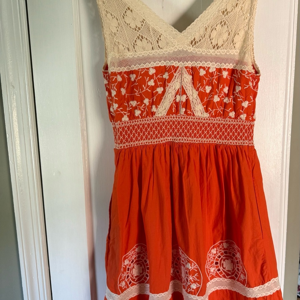 Moulinette Soeurs Vibrant Orange Dress with Cream Lace